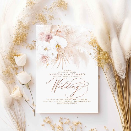 Boho Botanical White Orchids Pampas Grass Wedding Invitation