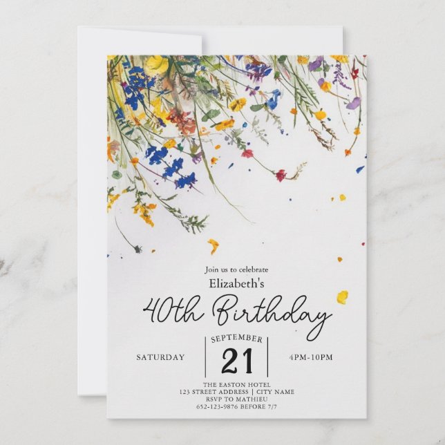 Boho Botanical Wildflowers 40th birthday  Invitation (Front)