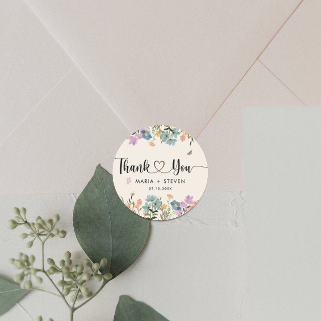 Boho botanical wildflowers wedding thank you classic round sticker (Creator Uploaded)