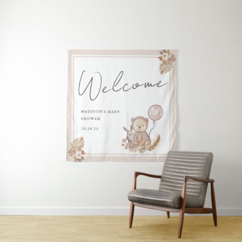 Boho Botanical with Sweet Bear Baby Shower Welcome Tapestry