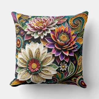 Boho Botanical Zentangle Floral Throw Pillow 