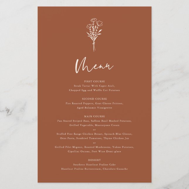 Boho Botanicals Terracotta Wedding Menu Card (Front)