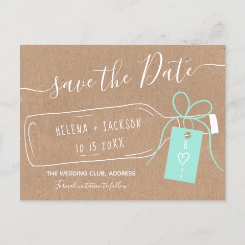 Boho bottle message kraft script save the date announcement postcard