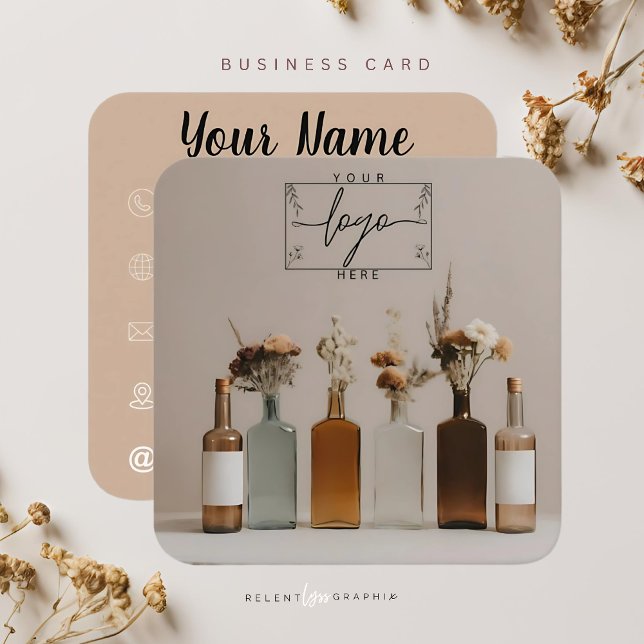 Boho Bottles | Flowers | Aesthetic Square Business Card (Creator Uploaded)