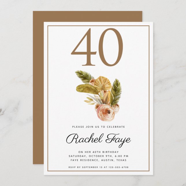 Boho Bouquet 40th Birthday Party Invitation (Front/Back)