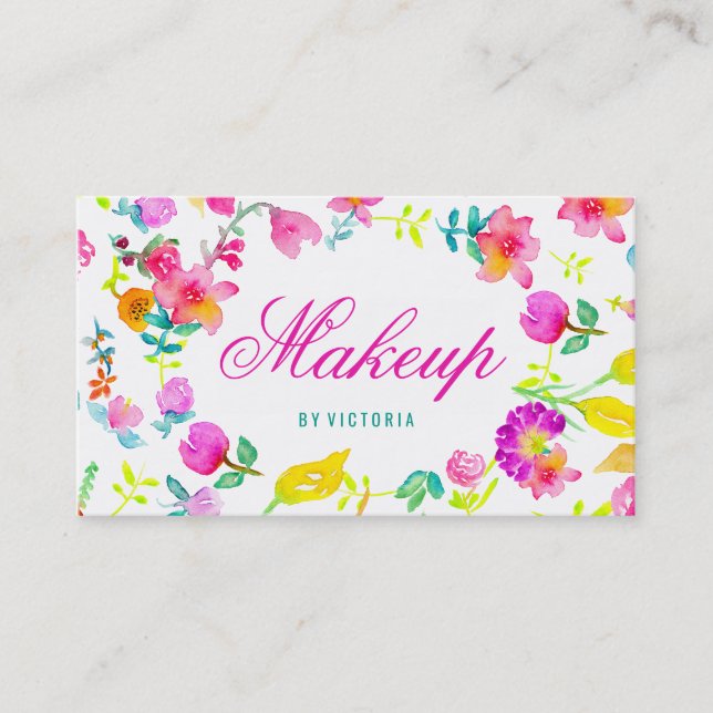 Boho bouquet floral watercolor makeup artist business card (Front)