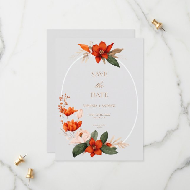 Boho bouquet with fiery flowe Save The Date (Front/Back In Situ)