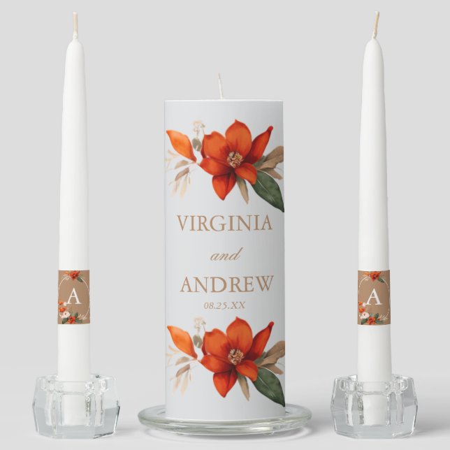 Boho bouquet with fiery flowers unity candle set (Front)