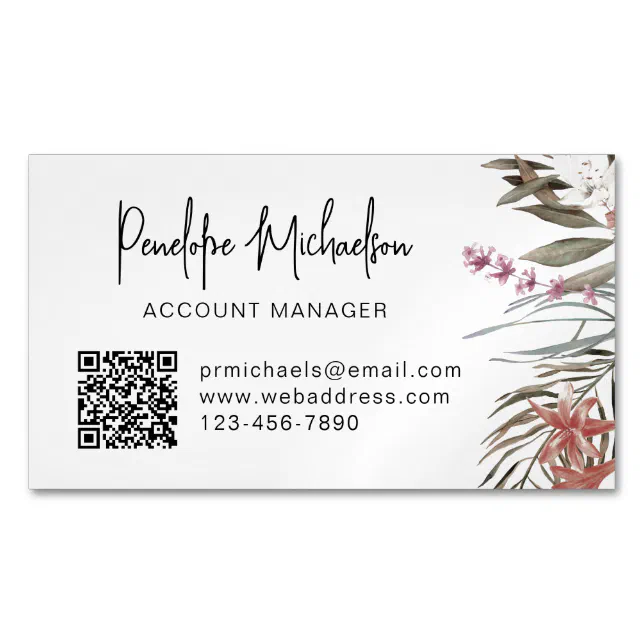 Boho Bouquet with Modern Lettering and QR Code Business Card Magnet (Front)