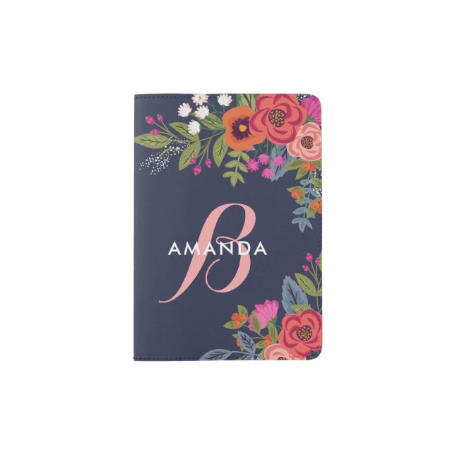 Boho Bouquets - Navy Blue & Pink Monogram Passport Holder (Front)