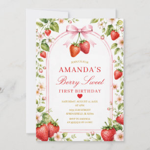 Boho Bow Berry Sweet Girl First Birthday Daisy Invitation