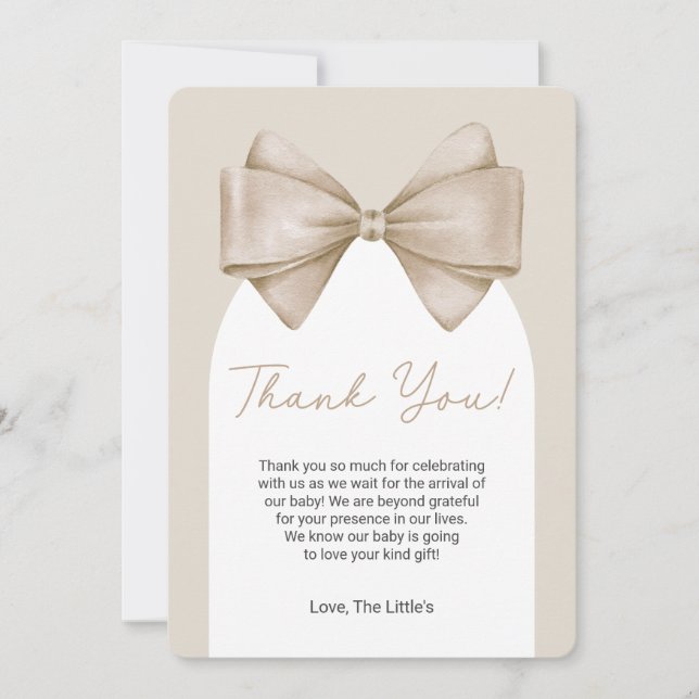 Boho Bow Modern Baby Shower Thank You Card (Front)