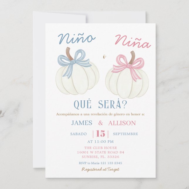  Boho Bow Pumpkin Spanish Gender Reveal  Invitation (Front)