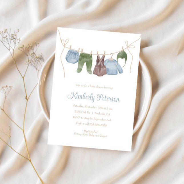 Boho Boy Clothes Line Baby Shower  Invitation (Creator Uploaded)
