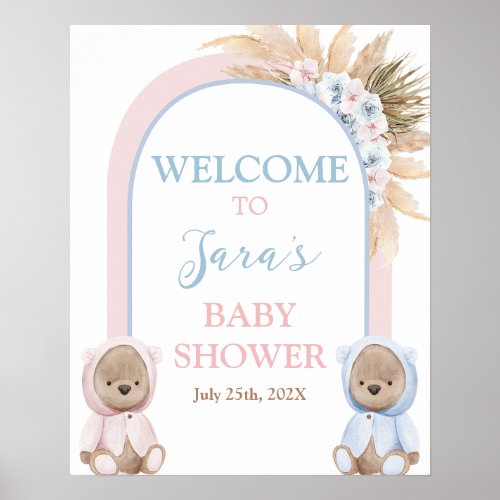 Boho Boy Girl Twins Bear Baby Shower Welcome sign