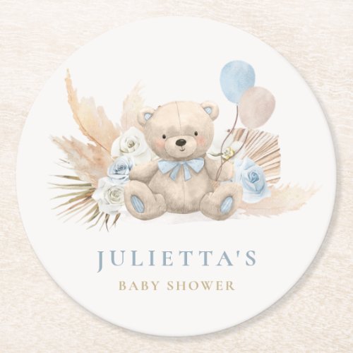Boho Boy Teddy Bear Baby Shower Party Decorations Round Paper Coaster
