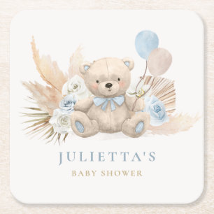 Boho Boy Teddy Bear Baby Shower Party Decorations Square Paper Coaster
