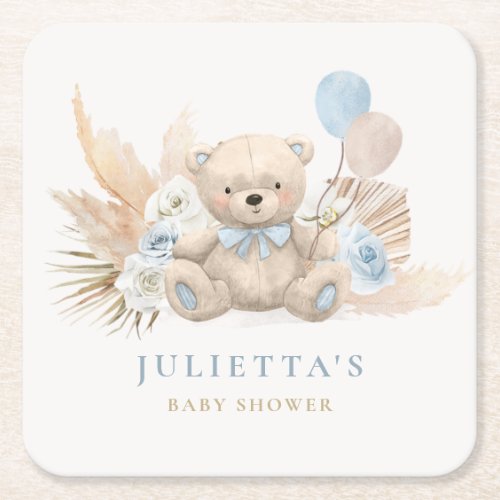 Boho Boy Teddy Bear Baby Shower Party Decorations Square Paper Coaster