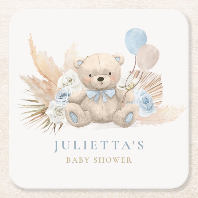 Boho Boy Teddy Bear Baby Shower Party Decorations Square Paper Coaster (Front)