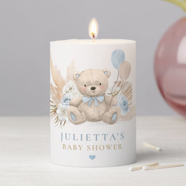 Boho Boy Teddy Bear Baby Shower Party Favor Pillar Candle (In Situ)