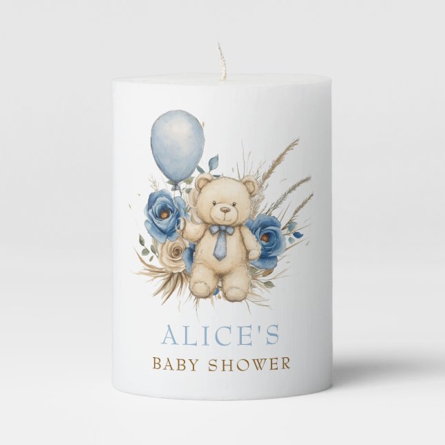 Boho Boy Teddy Bear Baby Shower Party Favor Pillar Candle (Front)