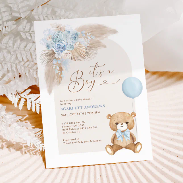 Boho Boy Teddy Bear Balloon Baby Shower Invitation | Zazzle