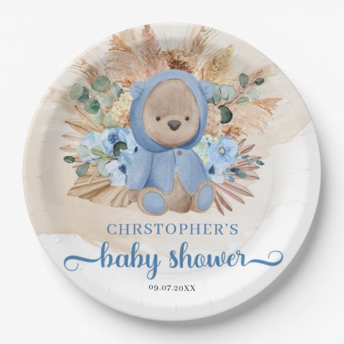 Boho Boy teddy bear pampas grass blue baby shower Paper Plates