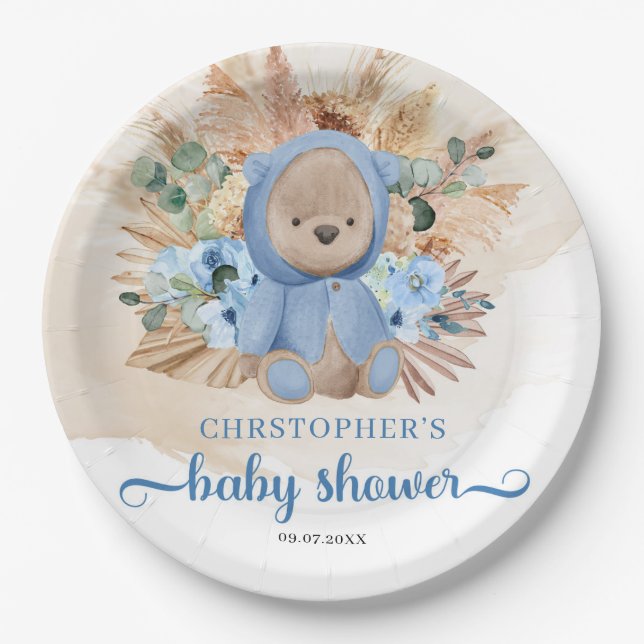 Boho Boy teddy bear pampas grass blue baby shower Paper Plates (Front)