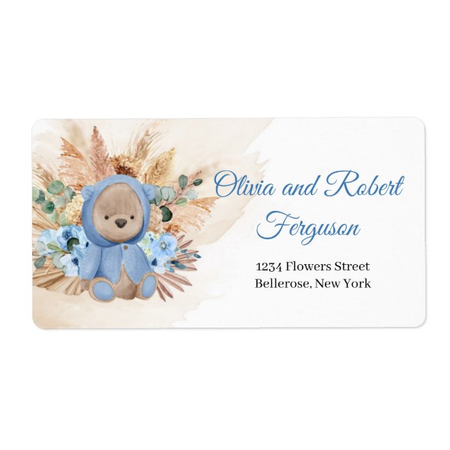 Boho boy teddy bear pampas grass eucalyptus baby label (Front)