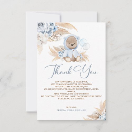 Boho Boy Teddy Bear Thank You Message Card