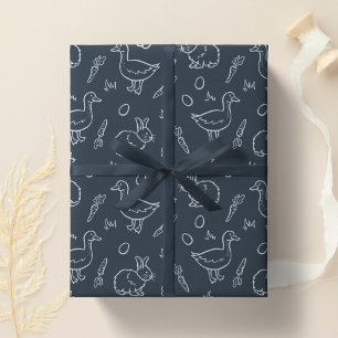 Boho Boys Easter Cute Bunny Rabbit Goose Dark Blue Wrapping Paper