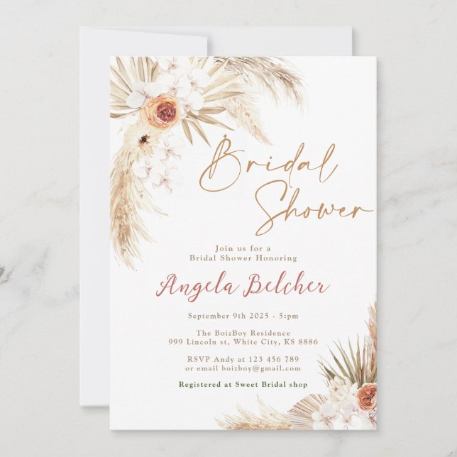 Boho Bridal Shower Boho Pampas Grass Bridal Shower Invitation (Front)