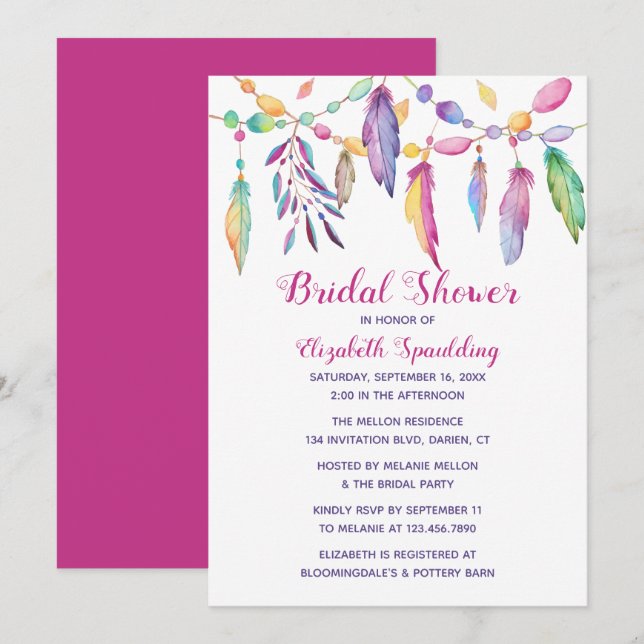 Boho Bridal Shower Feather Indian Purple Southwest Invitation (Front/Back)