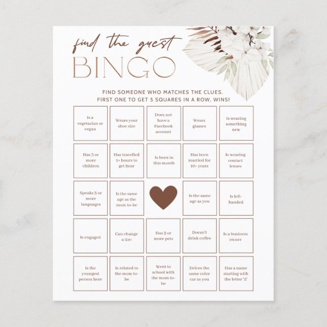 Boho Bridal Shower Game - Find the Guest Bingo (Front)