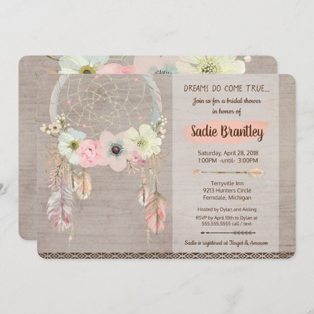 Boho Bridal Shower Invitation, Dreamcatcher Rustic Invitation (Front/Back)