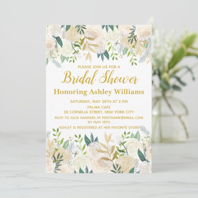 Boho Bridal Shower Invitations White Gold Greenery (Standing Front)