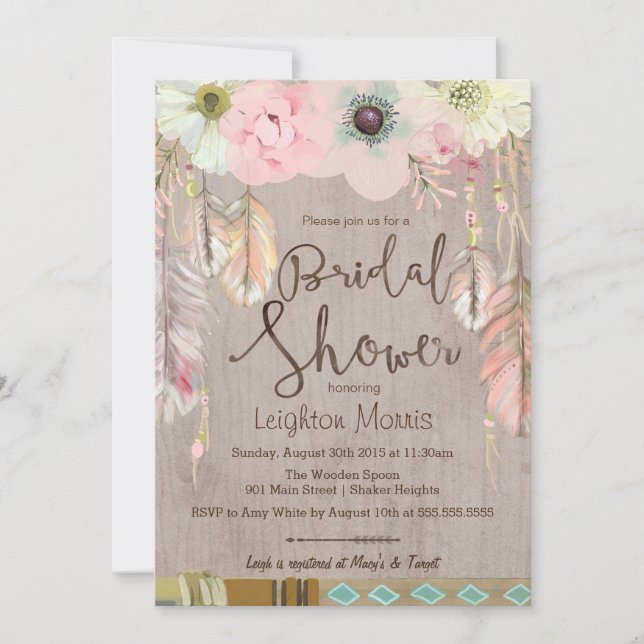 Boho Bridal Shower Invite, Tribal Feather Rustic Invitation (Front)
