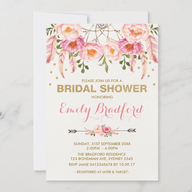 Boho Bridal Shower Pink Gold Floral Dreamcatcher Invitation (Front)
