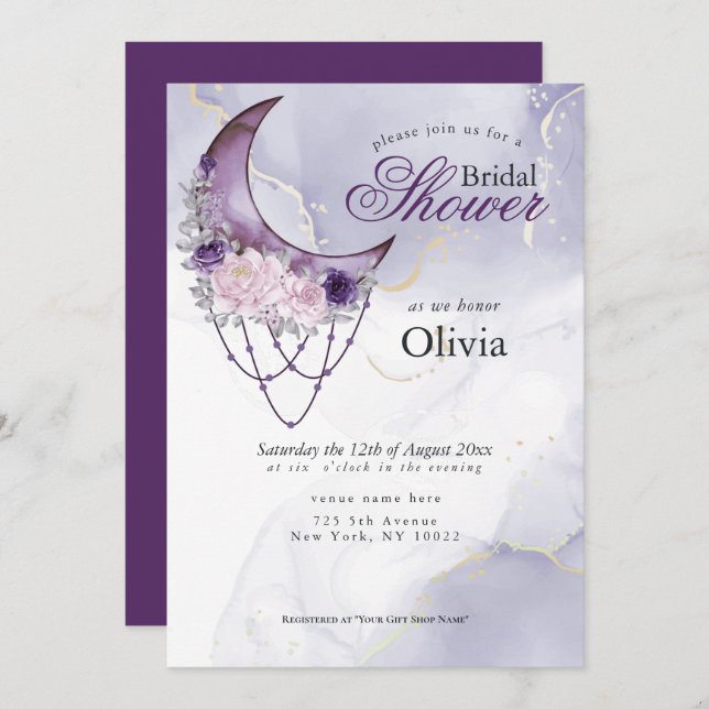 Boho Bridal Shower Purple Crescent Moon Mandala Invitation (Front/Back)