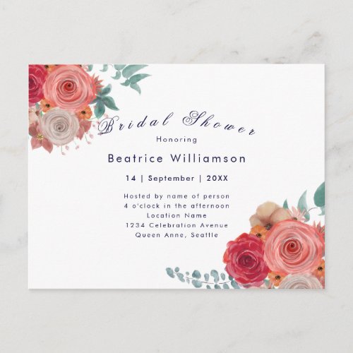 Boho bridal shower red rose floral invitation postcard