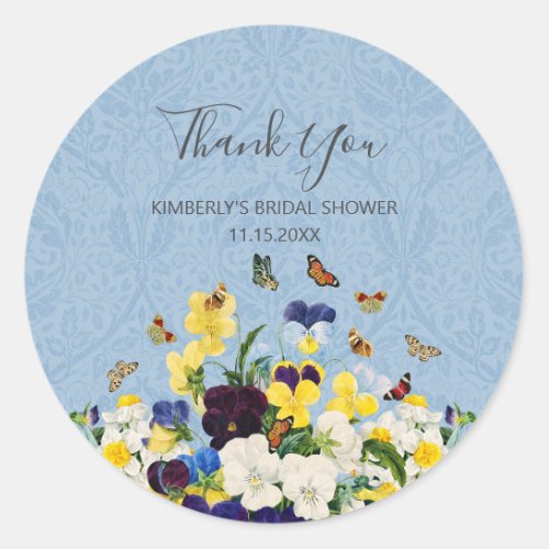 Boho Bridal Shower Thank You Pansies Butterflies Classic Round Sticker