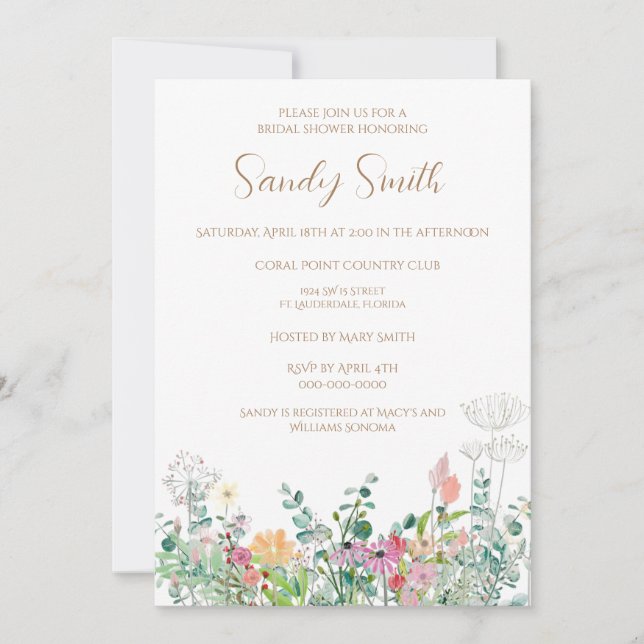 Boho Bridal Shower Watercolor Wildflower Invitation (Front)