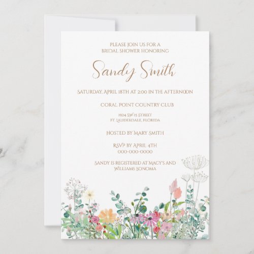 Boho Bridal Shower Watercolor Wildflower Invitation