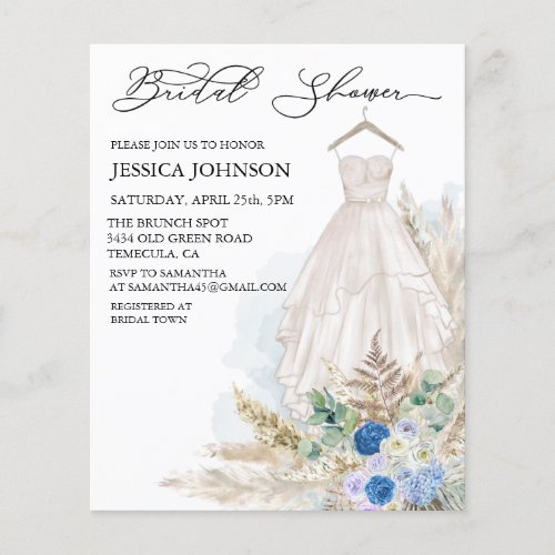 Boho Bridal Shower Wedding Dress Watercolor Blue