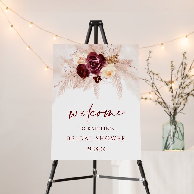 Boho Bridal Shower Welcome Sign Pampas Burgundy (In Situ (Stand))