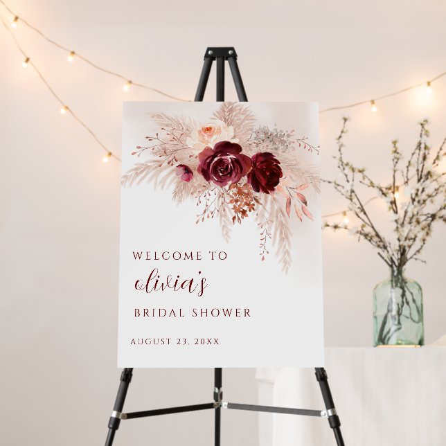 Boho Bridal Shower Welcome Sign Pampas Grass Roses (In Situ (Stand))