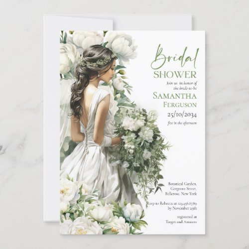 Boho bride with peonies bouquet forest greenery invitation