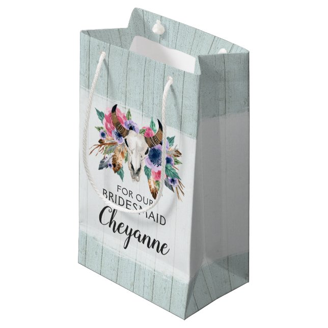 Boho Bridesmaid Gift Floral Cow Skull Favor Bag (Front Angled)
