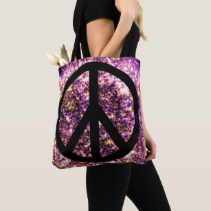 Boho Bright Blurry Sparkly Neon Lights Peace Sign Tote Bag