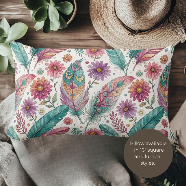 Boho Bright Feathers Lumbar Lumbar Pillow (Creator Uploaded)
